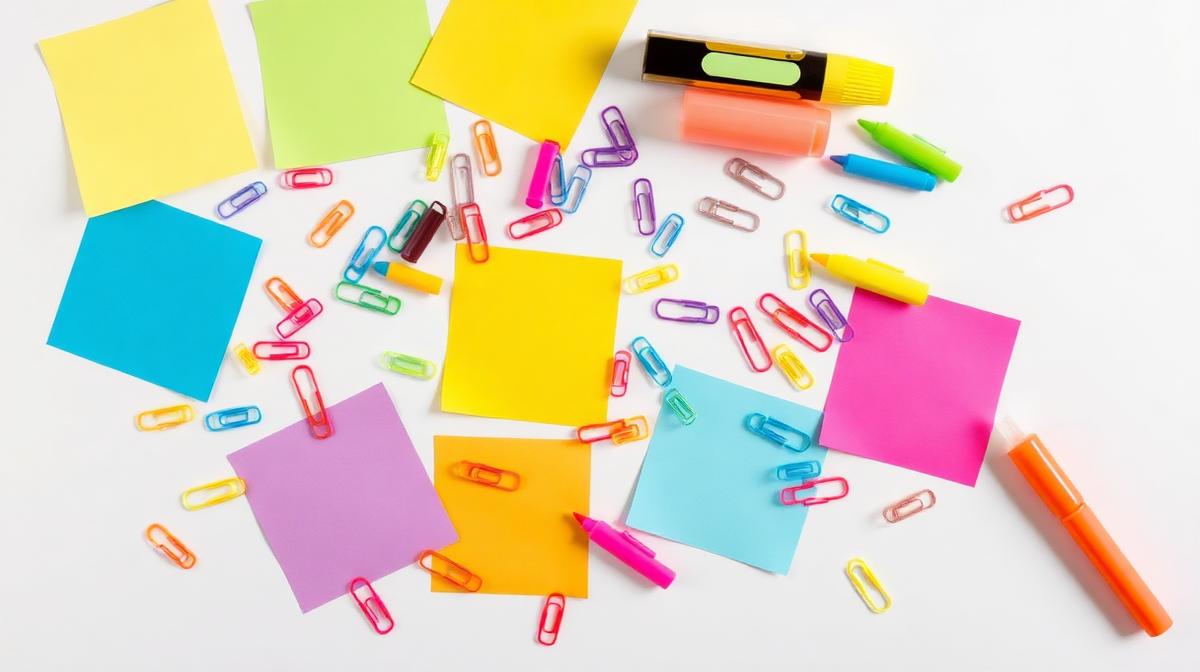 Flat lay of different writing tools: phone with social media, printed essay, handwritten notes and pen
