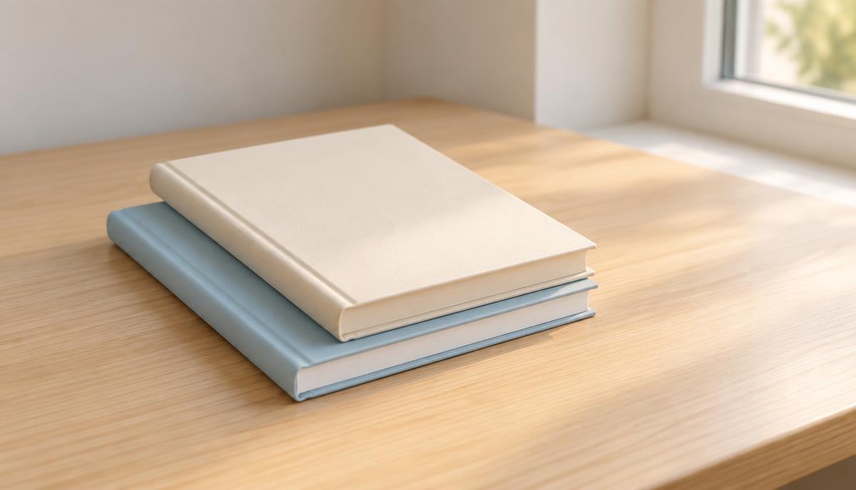 Two plain closed notebooks stacked on a light wooden desk