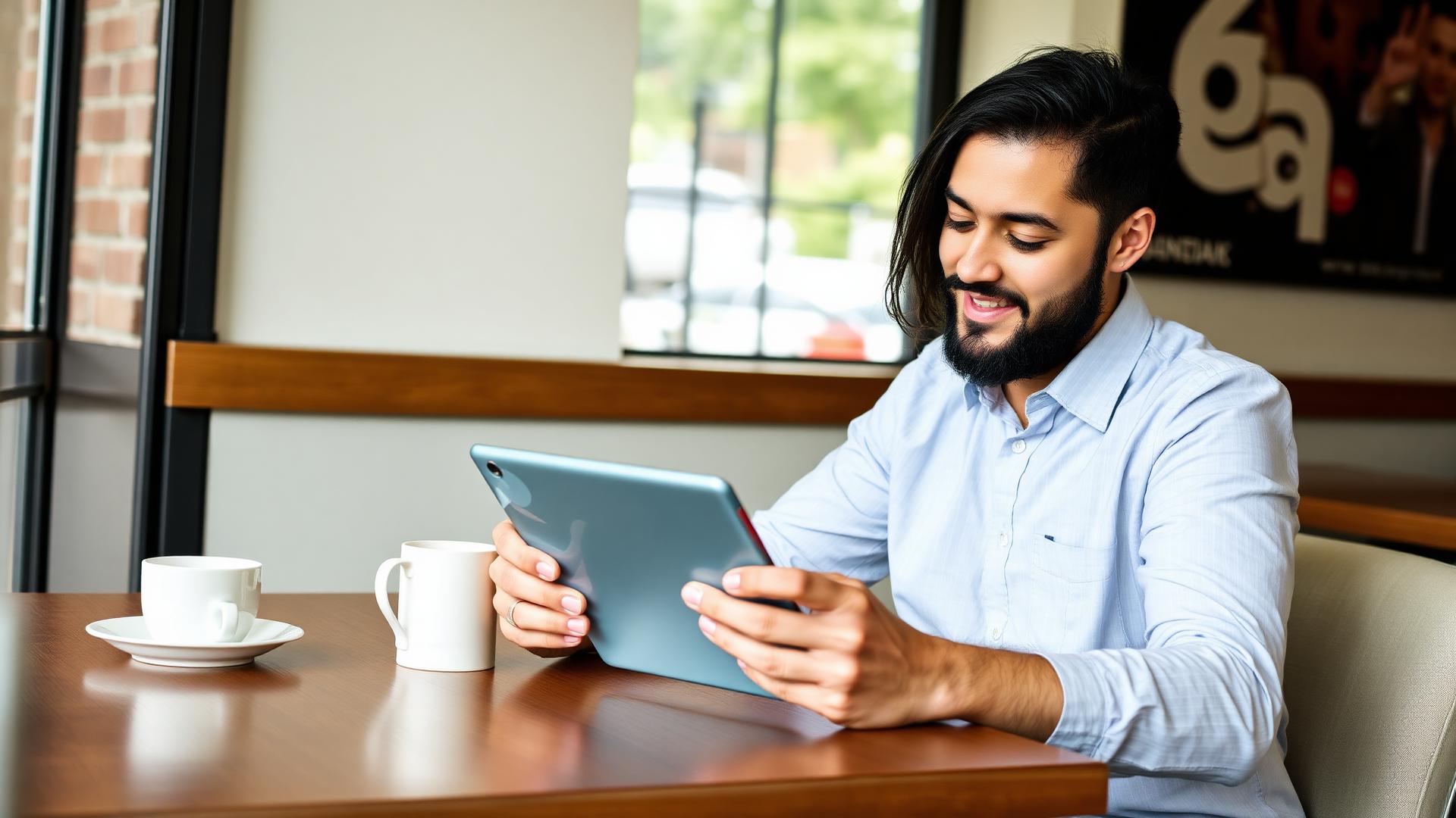Marketing professional reviewing content on a tablet at a cafe