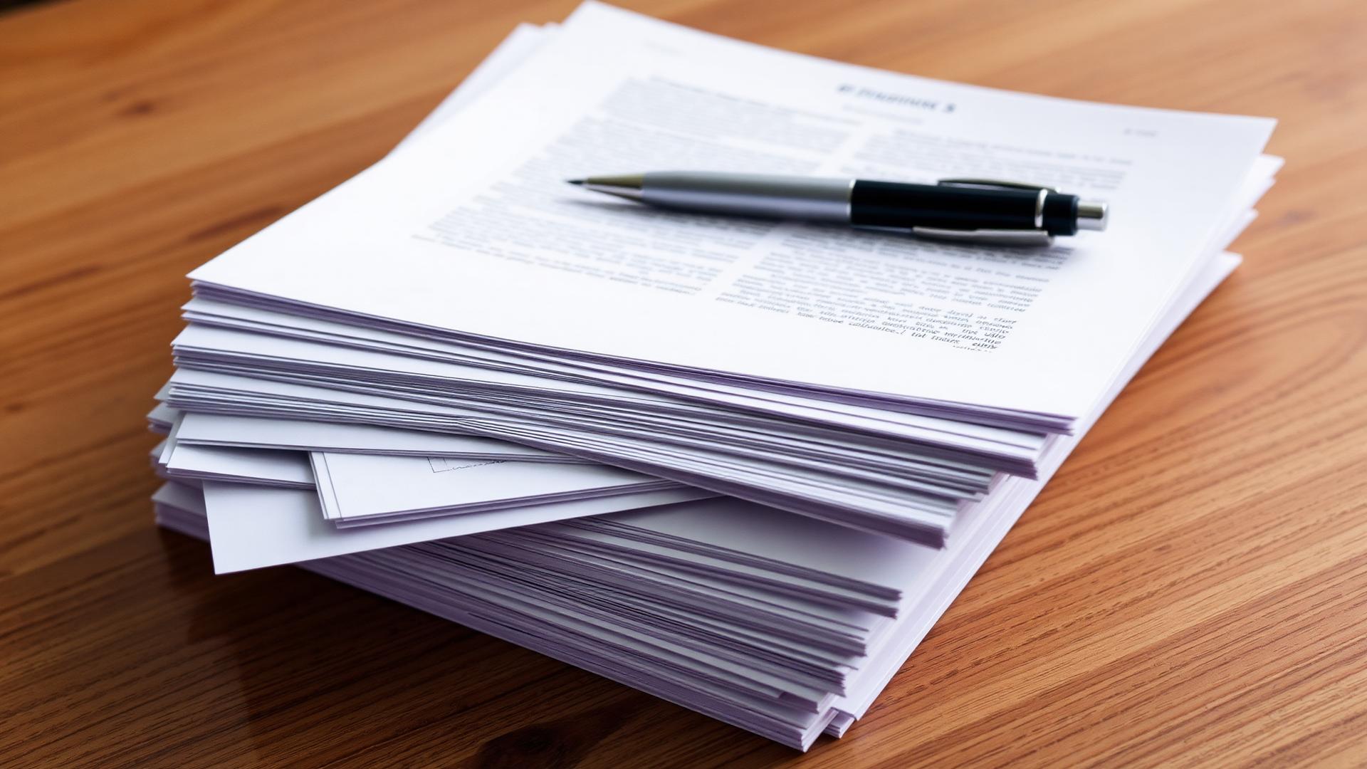 Stack of printed pages with a pen on a wooden desk