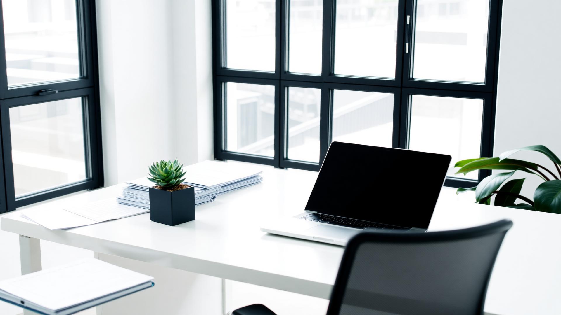Clean minimalist workspace with laptop and organized papers