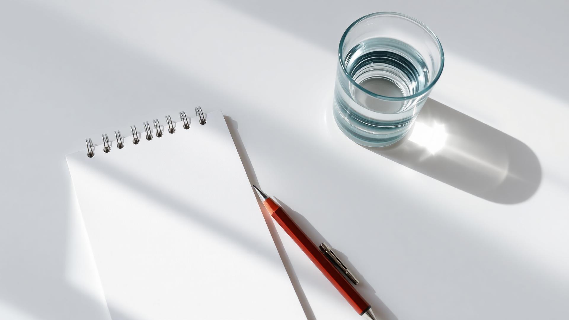 Notepad with a pen beside a glass of water on a minimal desk