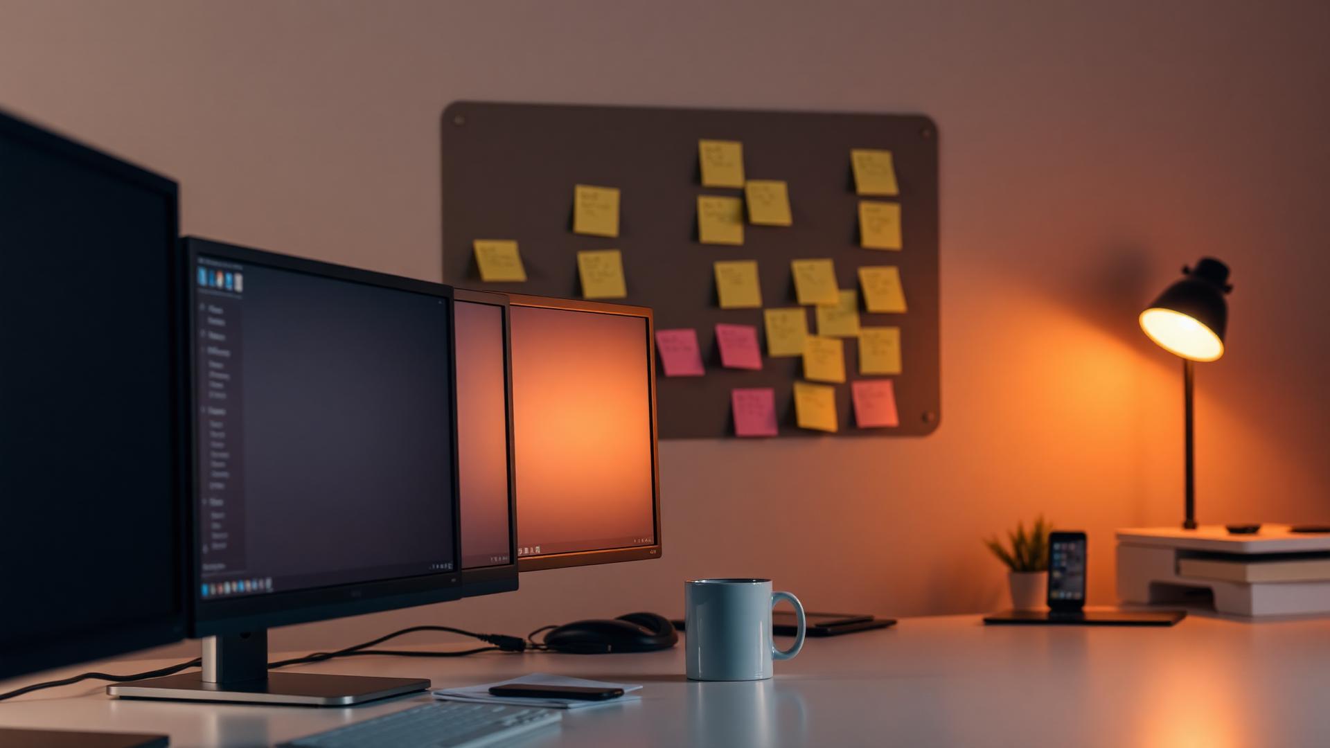 Creative workspace with monitors and sticky notes