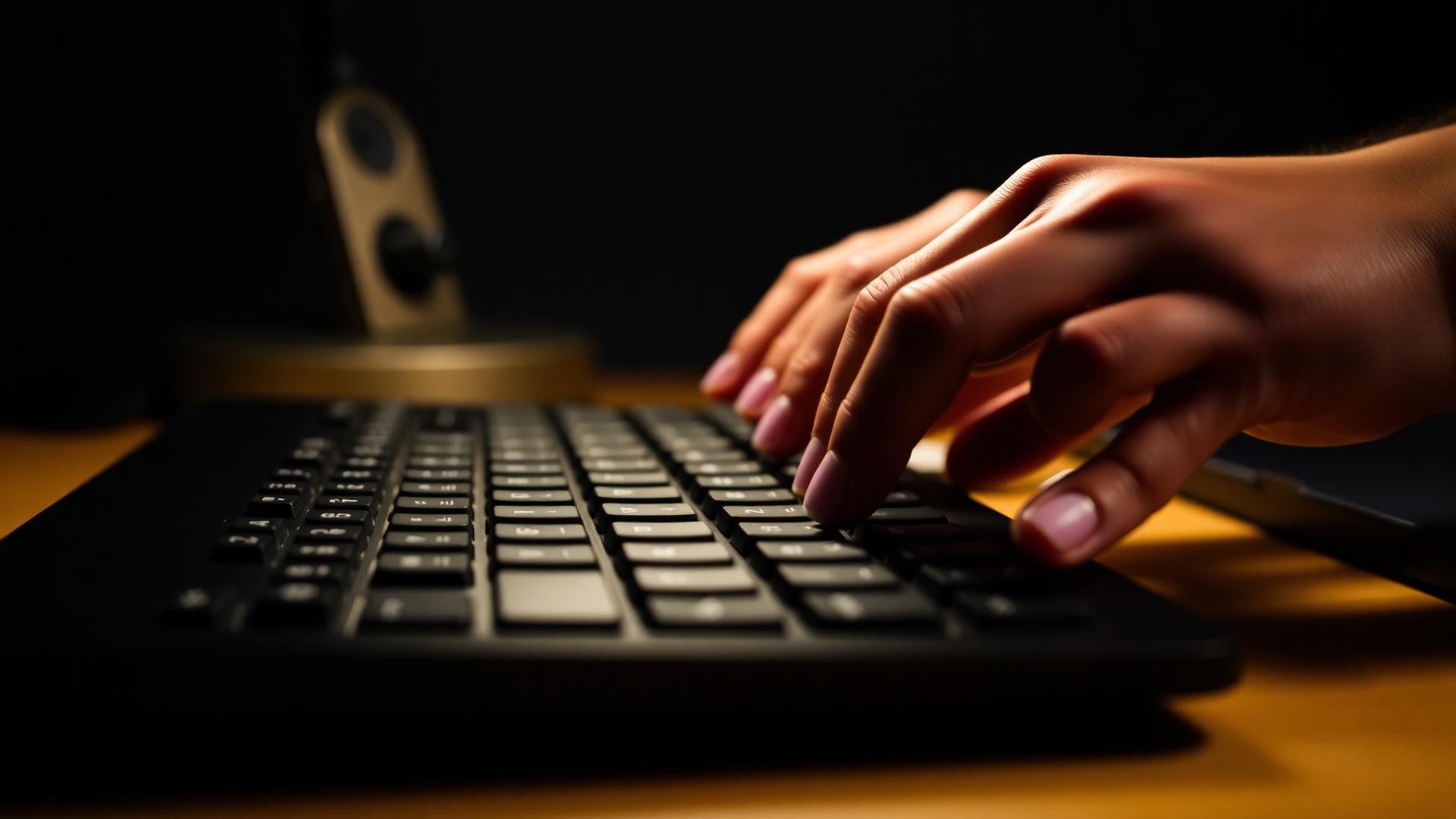 Hands typing quickly on a keyboard in dramatic lighting