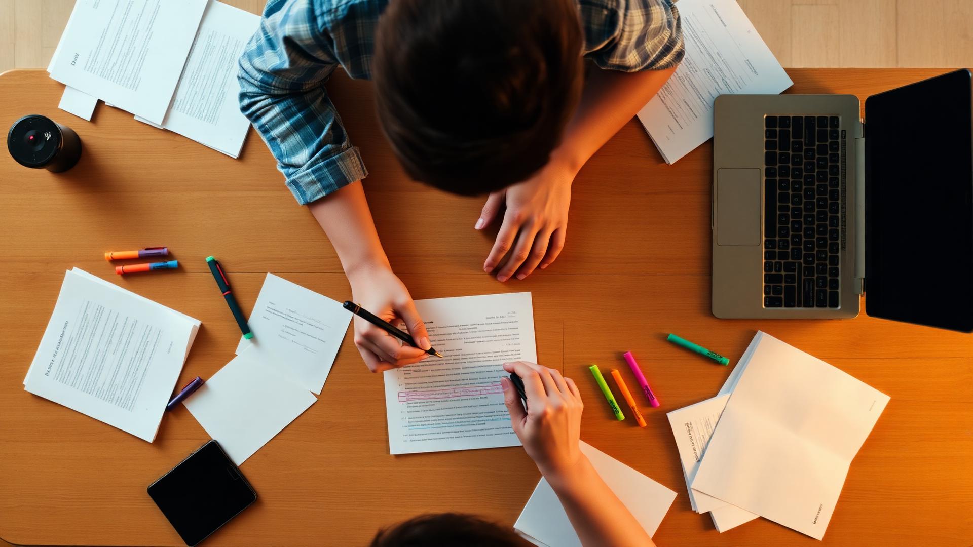 Student working on an essay at a desk with papers and laptop