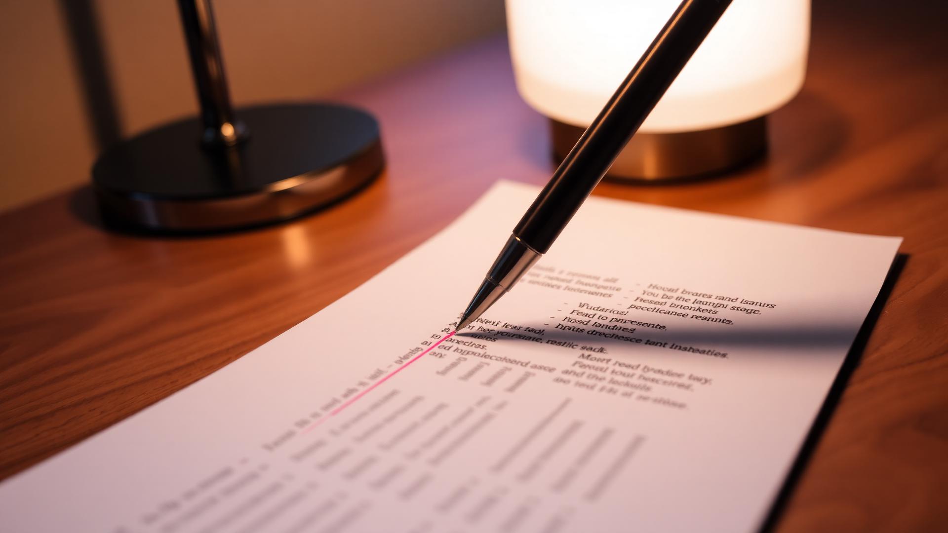 Pen editing a printed document on a desk
