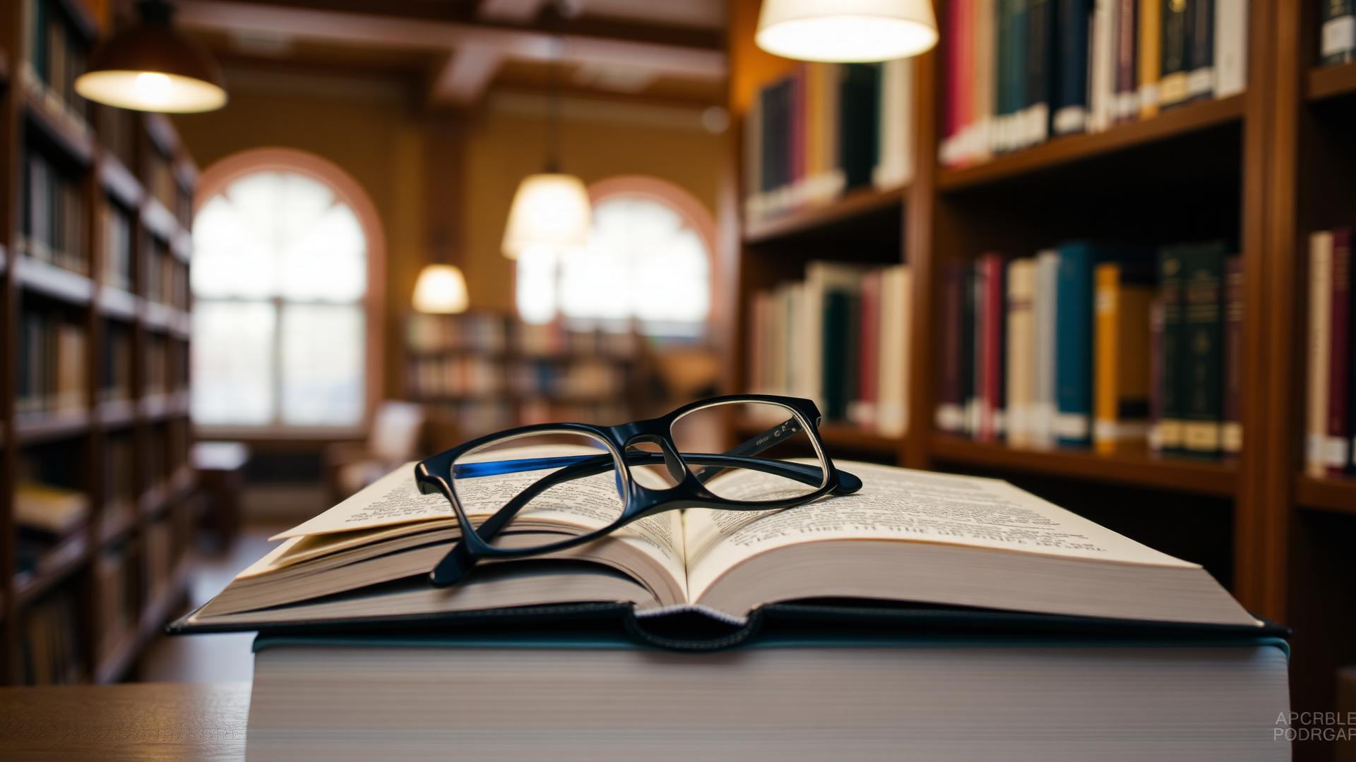 Open book with reading glasses in a warm library setting