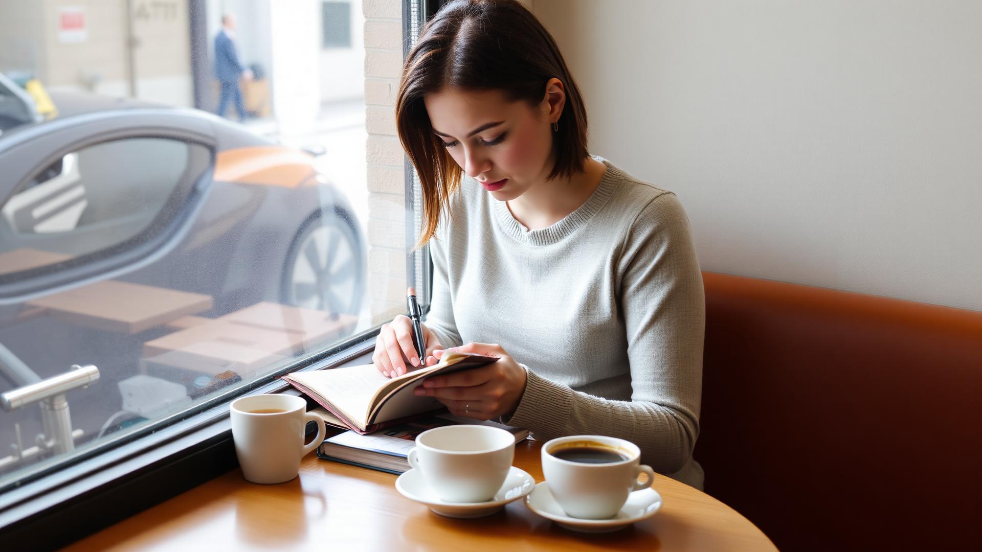 Person writing in a journal at a cafe window