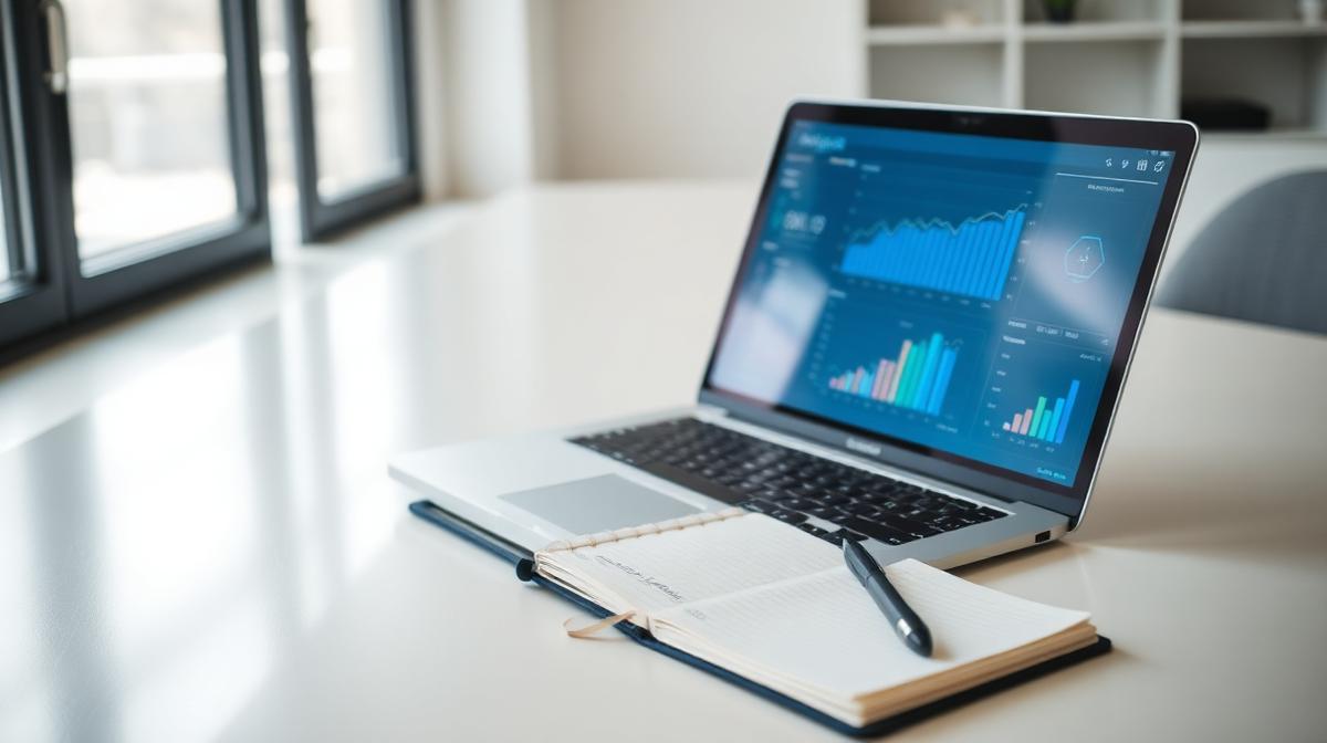 A workspace with a laptop showing analytics charts and a notebook with handwritten notes