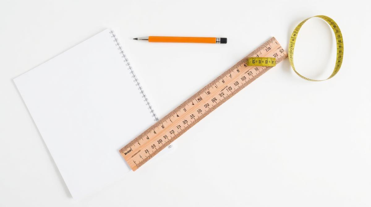 A wooden ruler, tape measure, notebook and pencil on a clean white desk