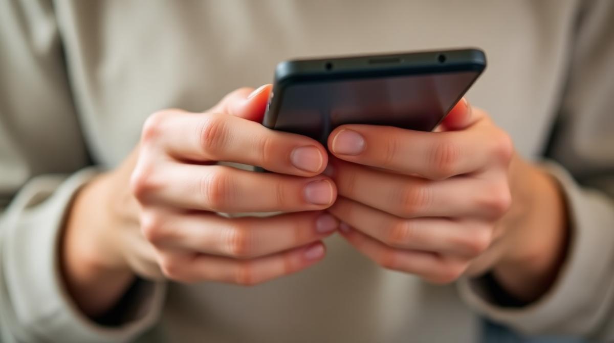 A person holding a smartphone with both hands composing a message