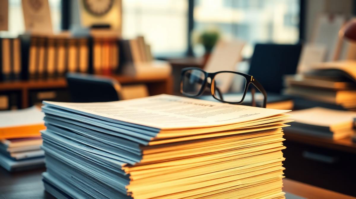 A stack of printed manuscripts on a publisher's desk with reading glasses on top