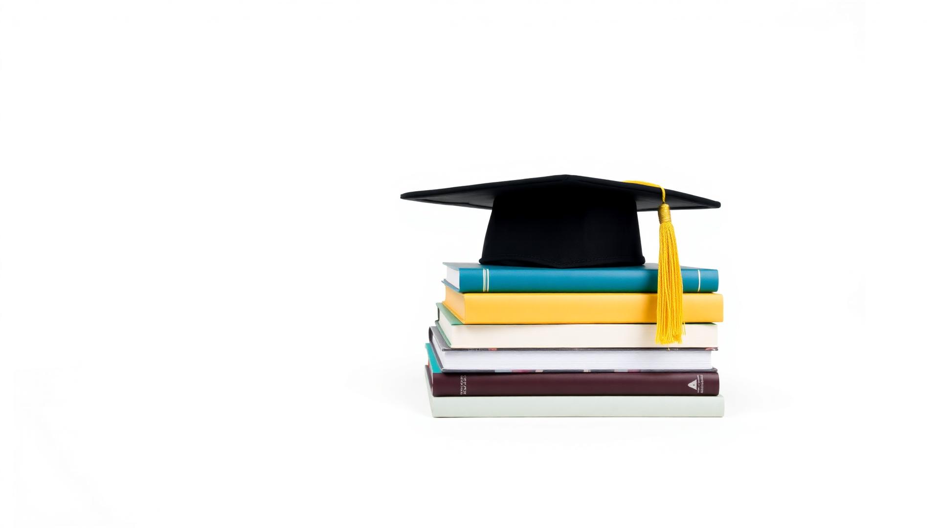 Stack of academic textbooks with a graduation cap on top
