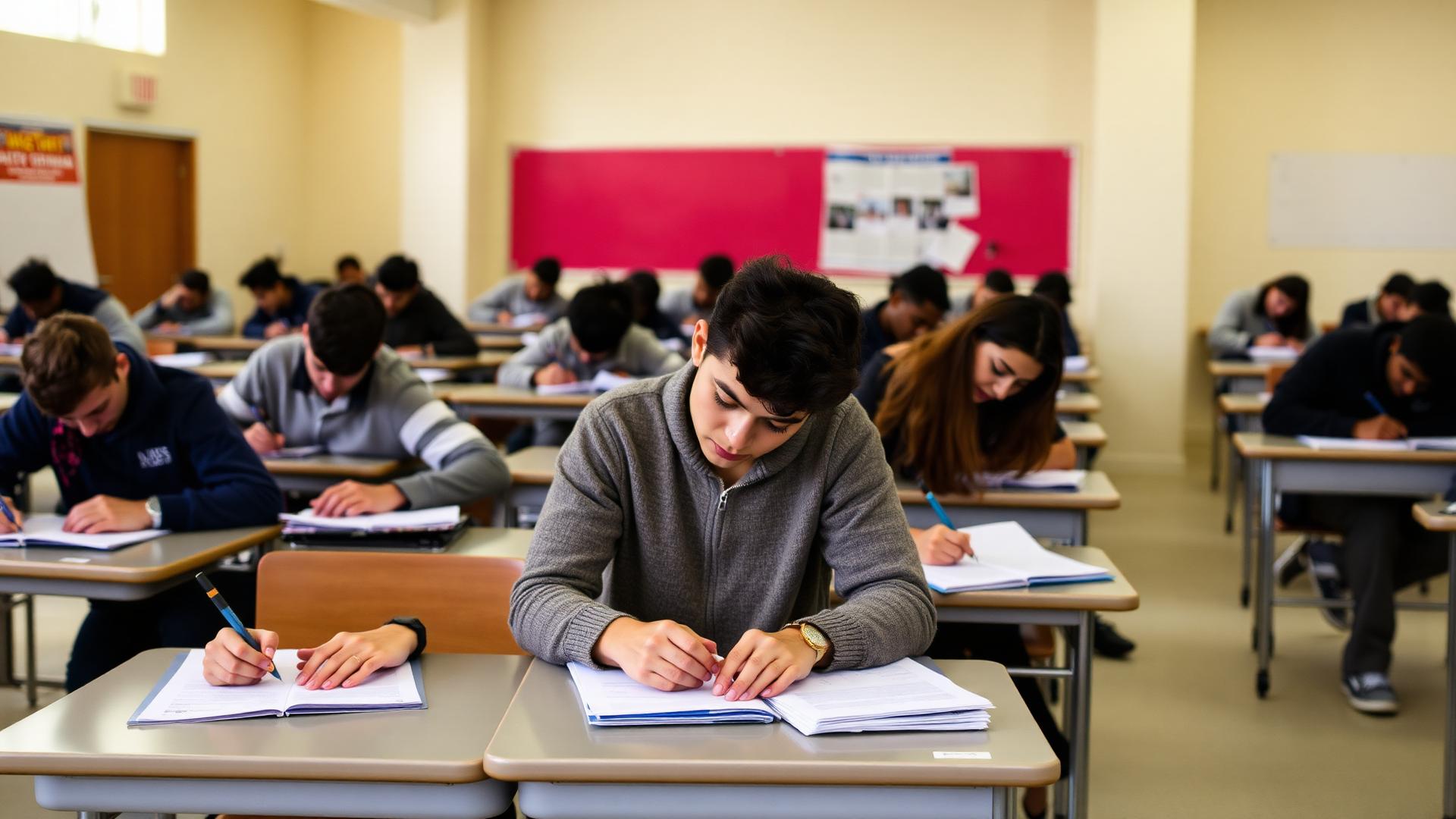 Students writing in an exam hall