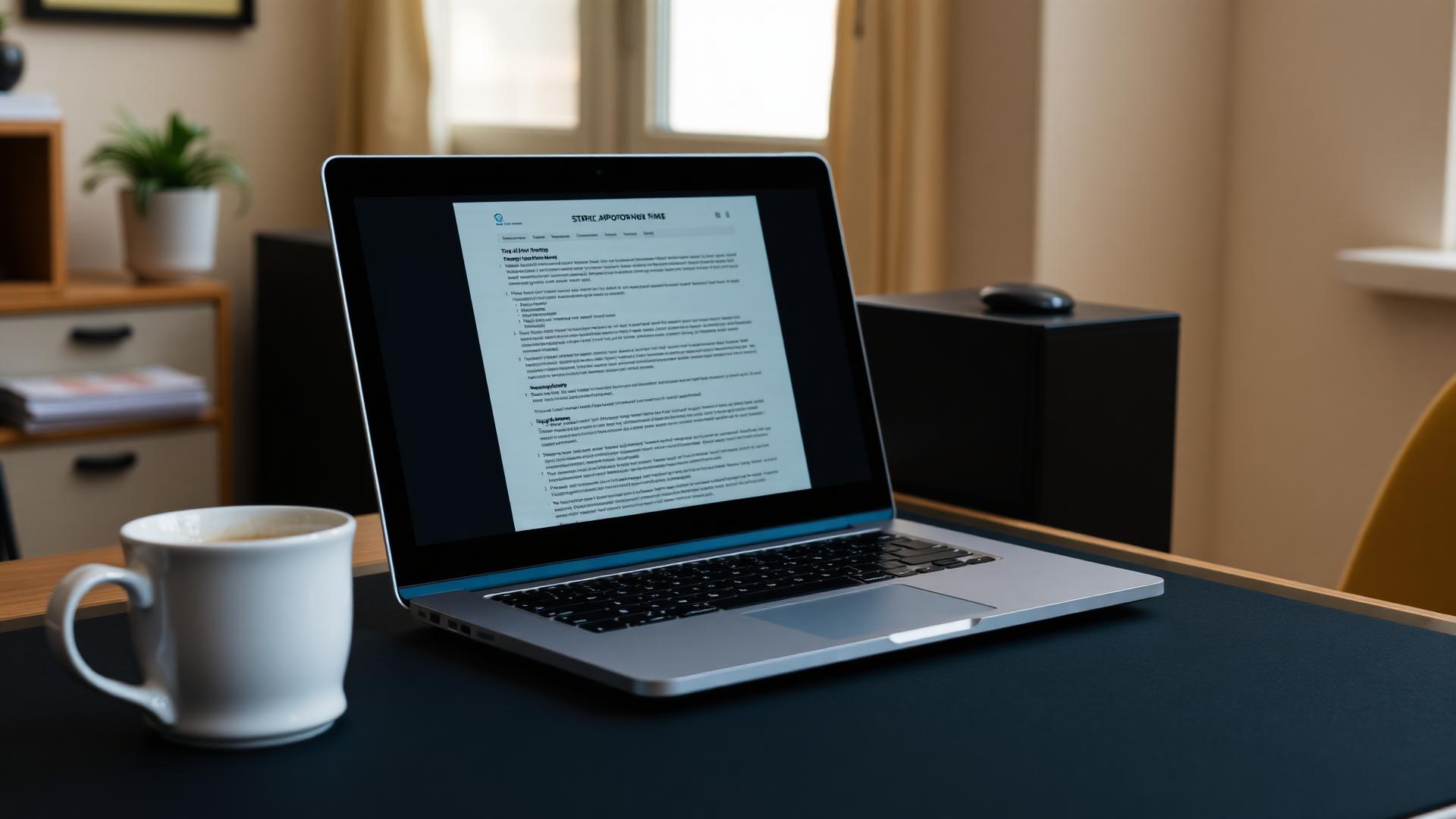 Laptop displaying a long document on a home desk with coffee
