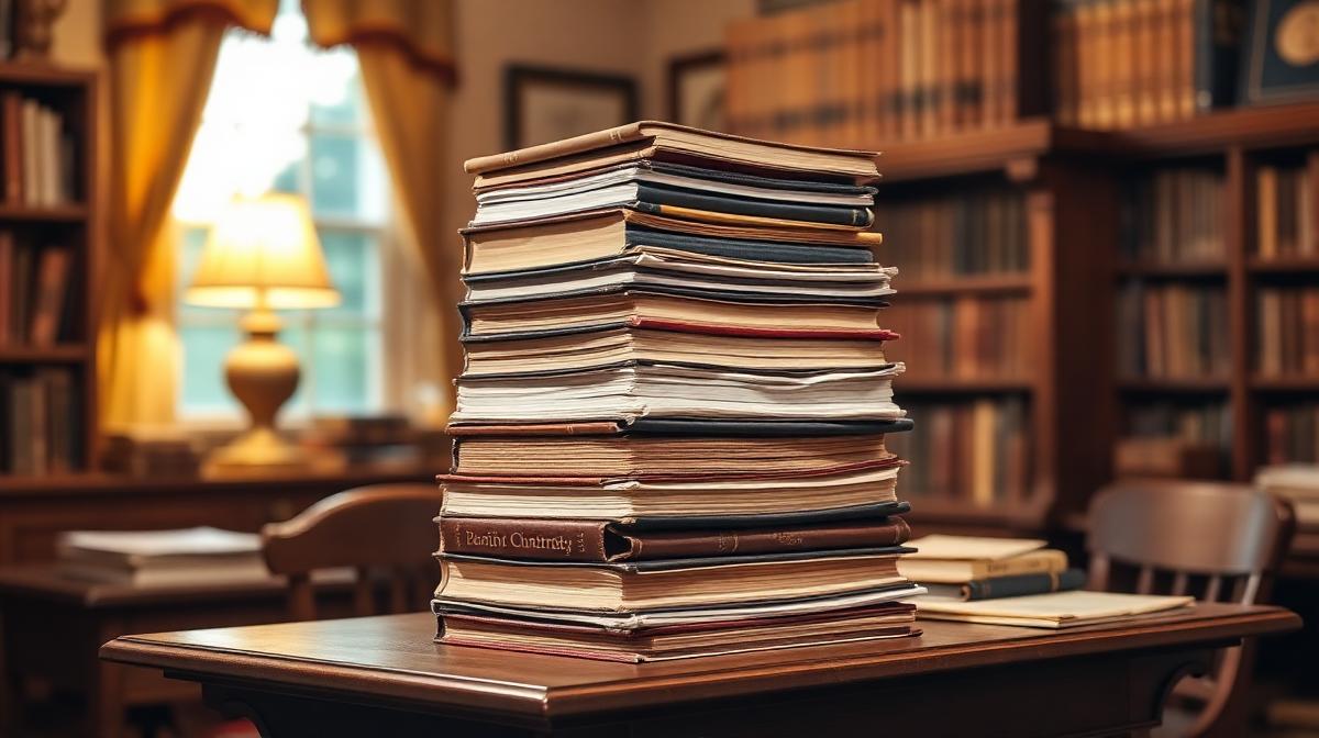 A tall stack of books and papers on a wooden desk in a cozy study room