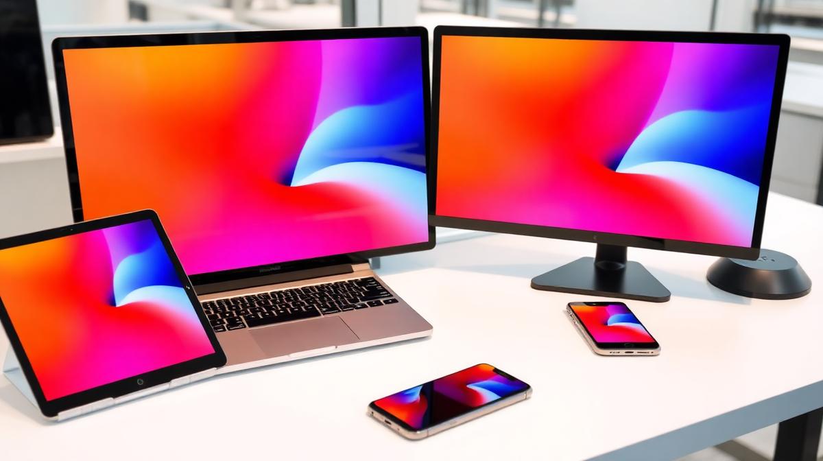 Multiple digital devices arranged on a desk showing content at different screen sizes