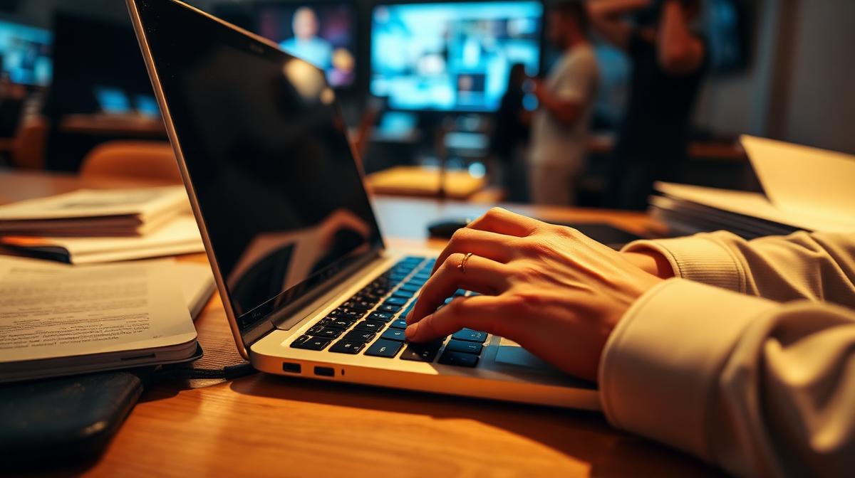 Journalist typing on a laptop in a busy newsroom environment