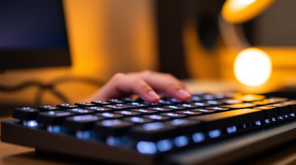 Close-up of a mechanical keyboard with soft backlighting and fingers typing