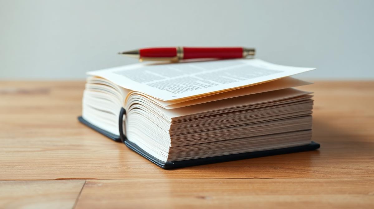 A thick manuscript with a red pen resting on top on a wooden desk