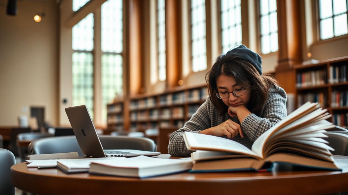 A student studying at a library table surrounded by textbooks and a laptop