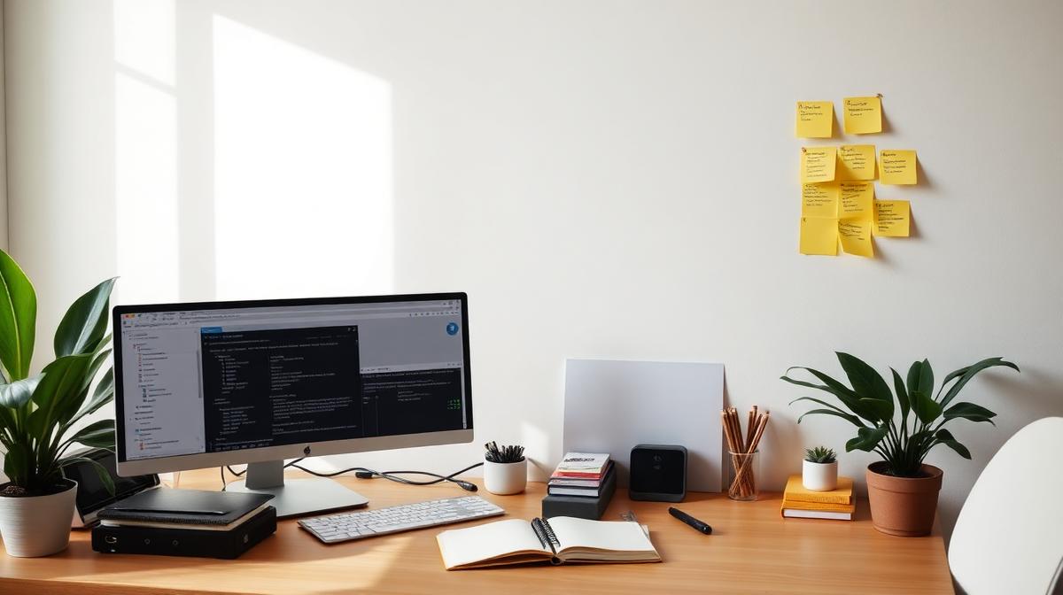 A content writer's organized home office workspace with dual monitors and notebooks