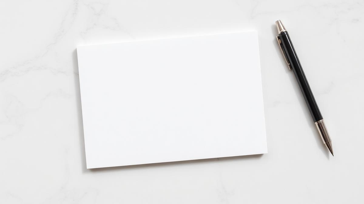 A clean minimal notepad with a few concise handwritten lines next to a sleek pen