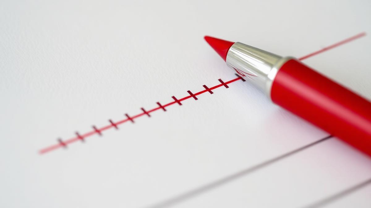 Close-up of a document page with lines struck through with a red pen