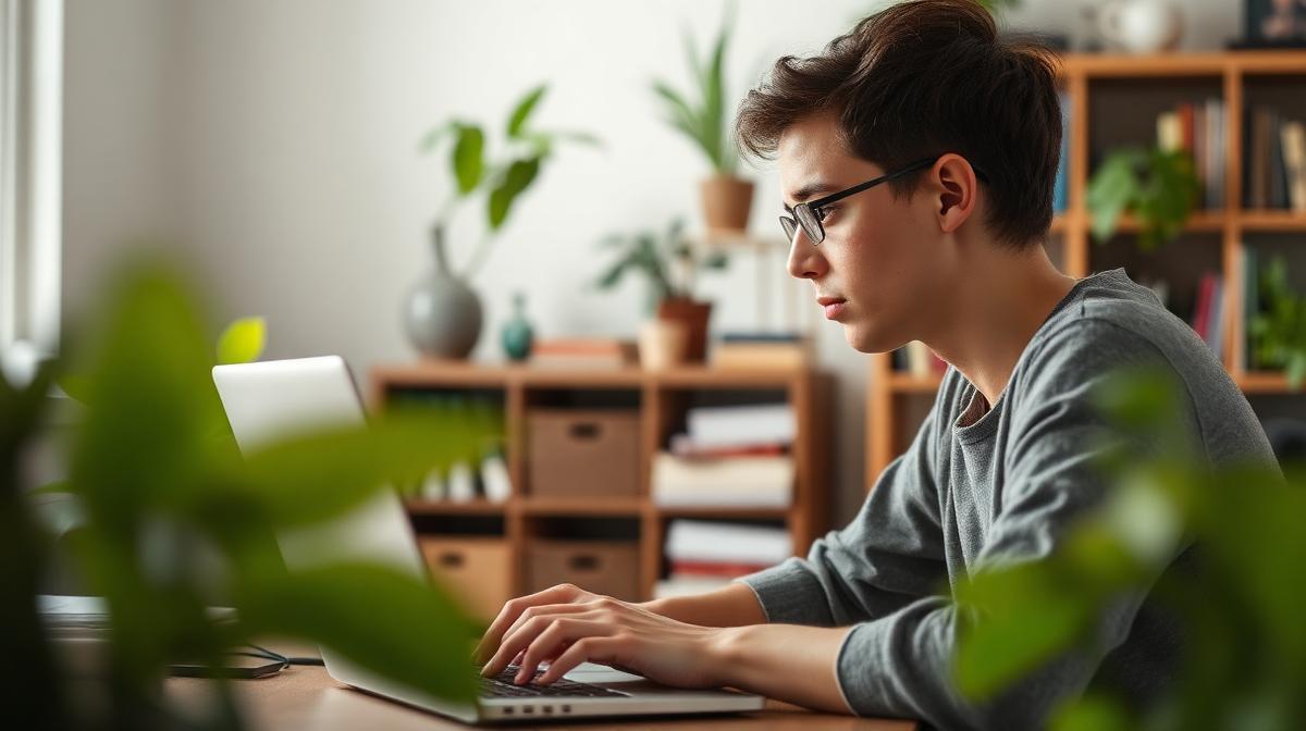 A focused writer at a laptop in a quiet home office with plants and bookshelves