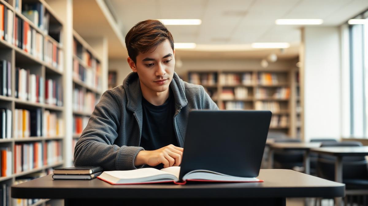 Student writing an essay at a library desk with laptop and open textbook