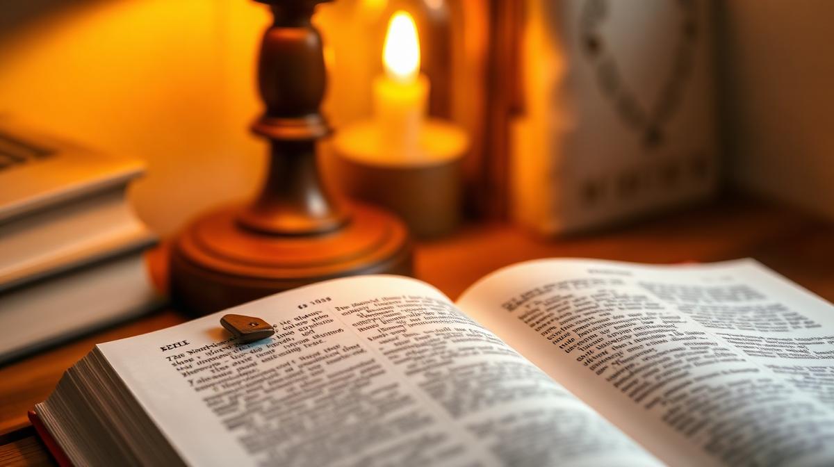 An open book with dense paragraphs of text under warm reading lamp light