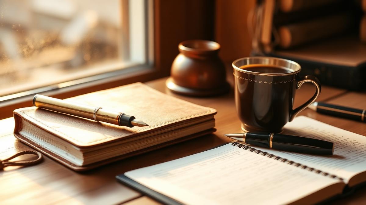 A writer's cozy desk with fountain pen, leather notebook, and coffee in golden hour light