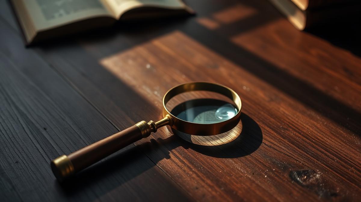 A vintage dictionary open on a dark wooden desk with a magnifying glass