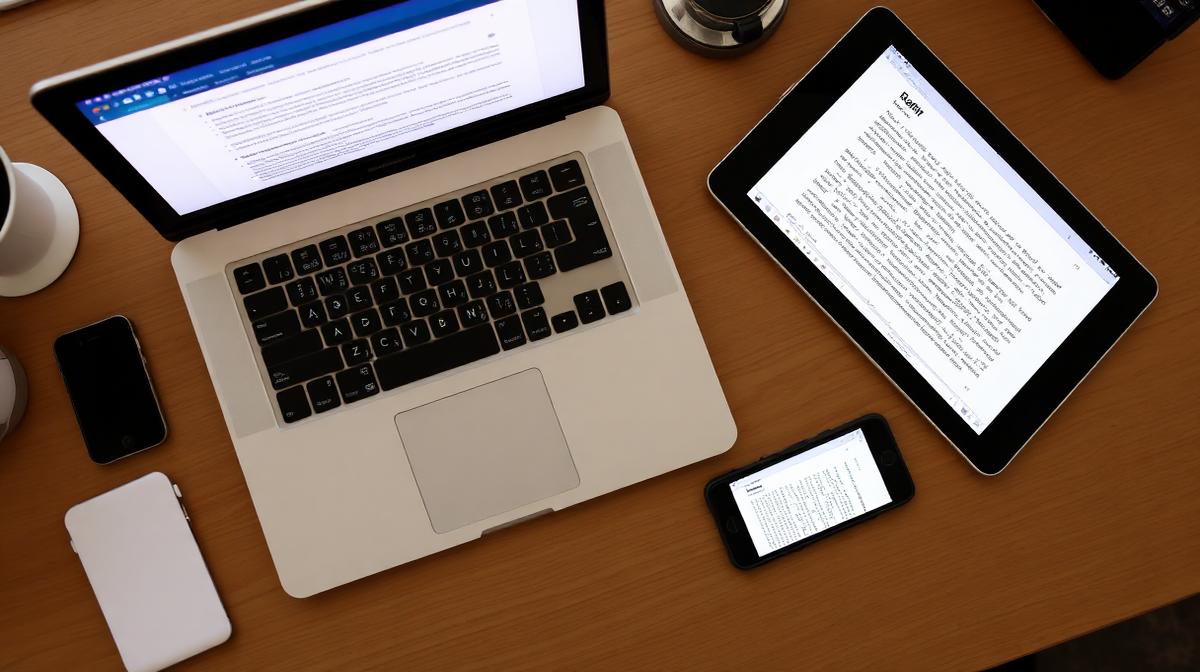 Multiple devices on a desk showing different text editors: laptop, tablet, and phone