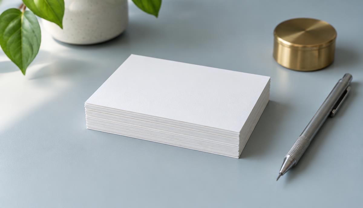 A stack of blank index cards, a mechanical pencil and a brass paperweight on a desk